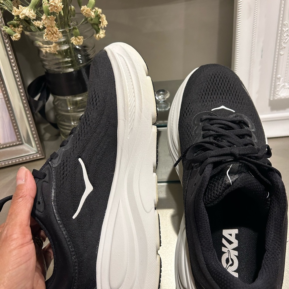 Hoka Bondi 9 Women's Black & White Platform Running Sneakers - Picture 7 of 12